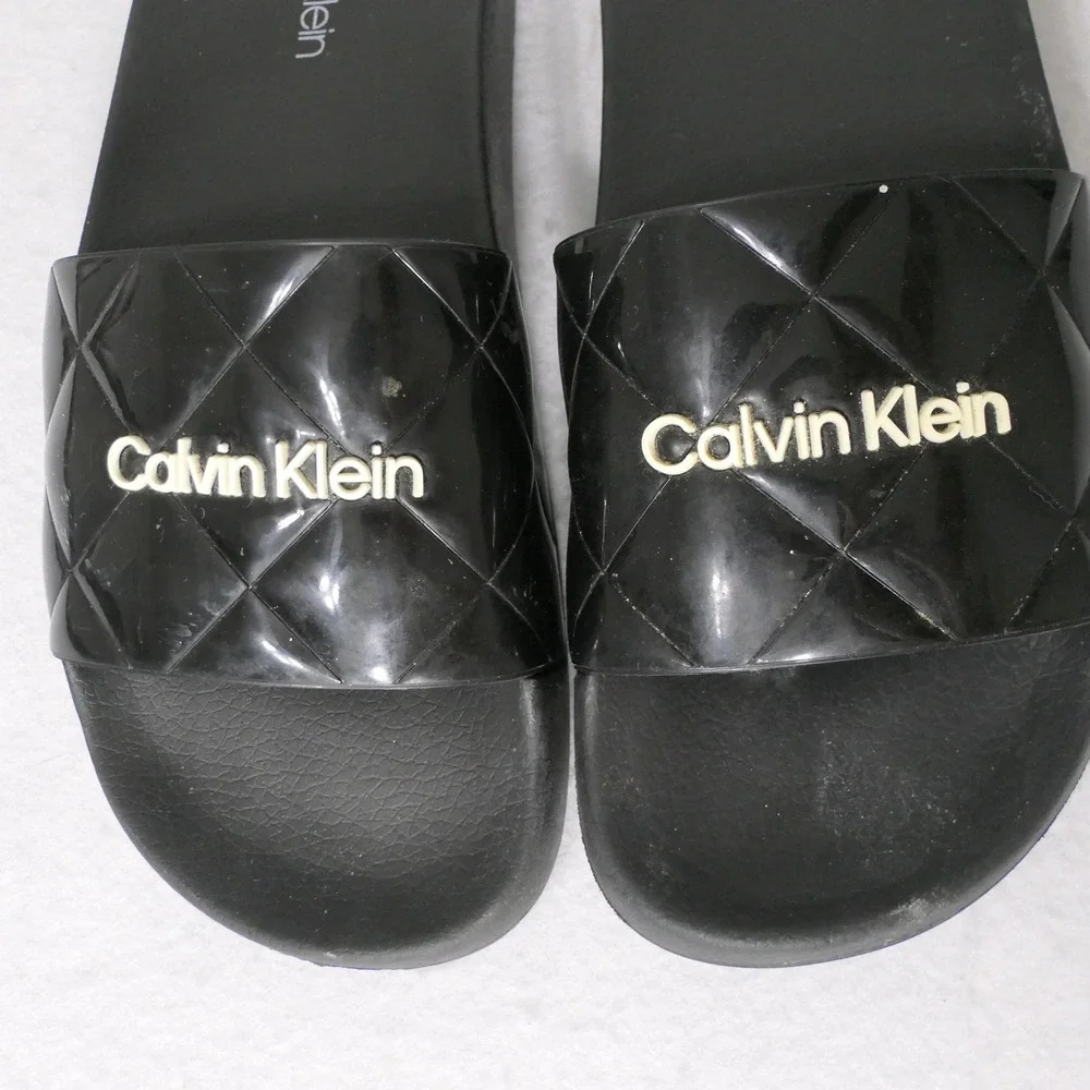 Calvin Klein Womens Slides 8M Black Quilted Pool Designer Athleisure‎